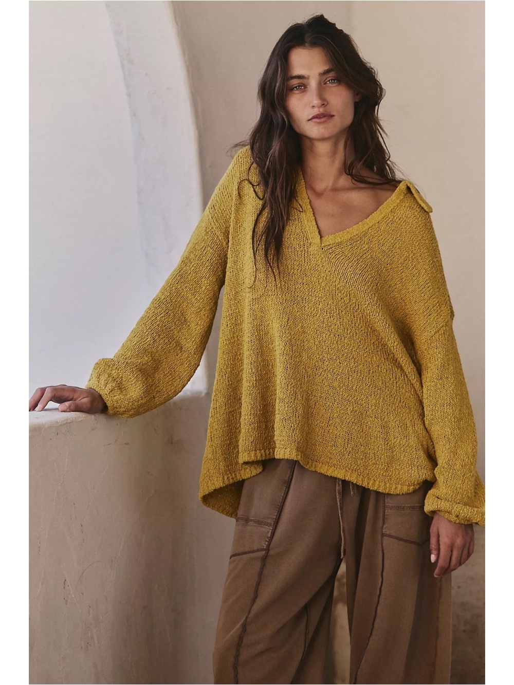 Free People Bohemian Oversized V Neck Ren Pullover Sweater Golden Palm Small NWT